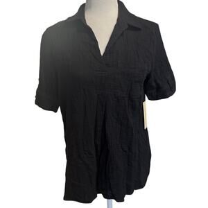 Doe & Rae Black Crinkle Gauze Short Sleeve Top New With Tags 100% Cotton Size S